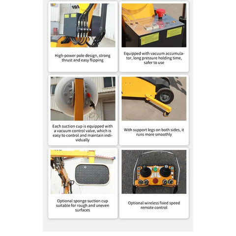 Heavy Duty Vacuum Glass Lifter Mounted On A Rugged Mobile Cart With Top Shelf Suction Cups, showcasing control valves and remote.