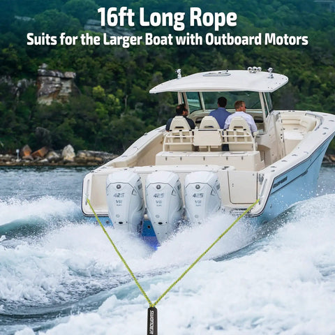 Heavy Duty Boat Tow Harness With 16 Ft Braided Poly Rope And Twin Side Snap Hooks attached to a large outboard motor boat in water.