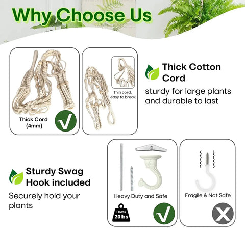 Extra Long 43 Inch Macrame Planter Hanger For 12 Inch Pots With Swag Hook shown with thick 4mm cotton cord and accessories