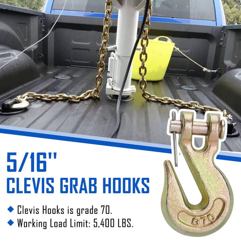 5/16 inch clevis grab hook, grade 70 forged steel, 5400 lb WLL, 10-pack, shown with steel chain in truck bed.