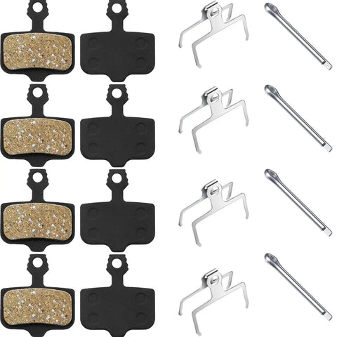 Image showing 4 pairs resin disc brake pads for mountain bikes with dope stopping power compatible with Elixir 1 3 5 7 9 R and Sram XO XX X7 X9 XXWC DB1 DB3 DB5 low noise quick break in smooth modulation durable replacement pads, along with metal clips and pins.
