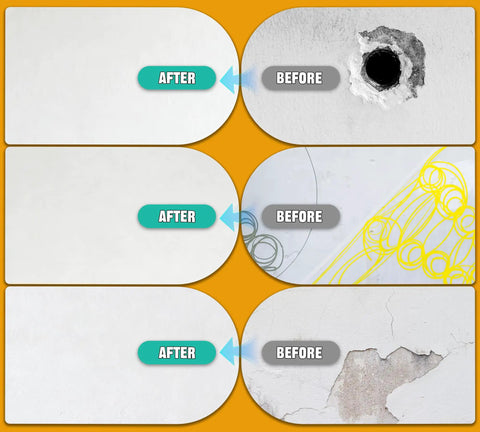 Image showing before and after results of using Premium Drywall Repair Kit With Fast Drying Spackle Paste for wall repairs.
