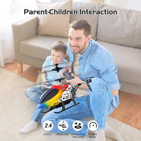Father and son playing with M5 RC Helicopter For Kids And Beginners With Altitude Hold, Alloy Body Indoor Remote Control Toy
