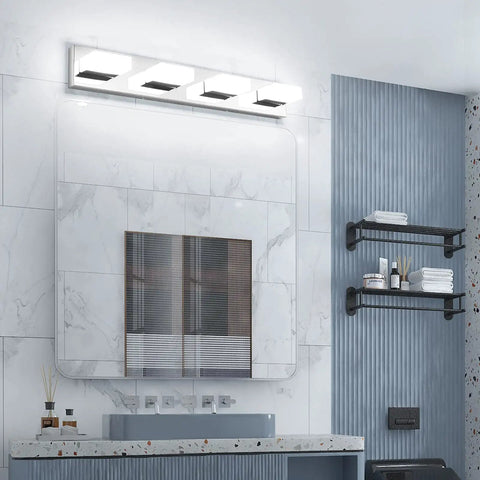 Bathroom with Dimmable LED Vanity Light Fixture Four Light Sleek Modern Bathroom Lighting 6000K Cool White over mirror