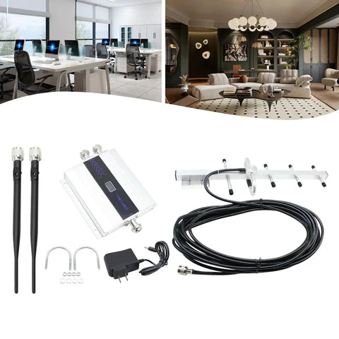 GSM 900MHz phone repeater kit with antennas, amplifier, and cables for boosting mobile signal in homes and offices.