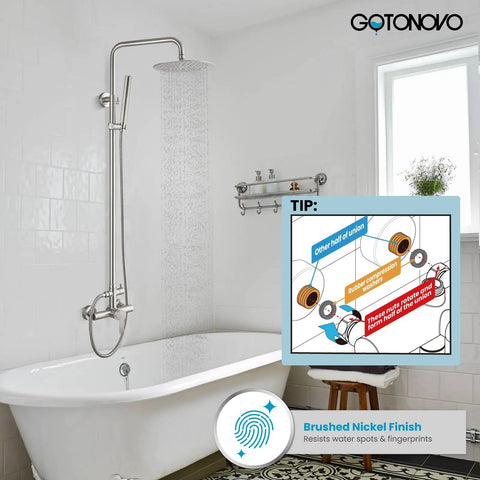 Outdoor Shower Faucet Set In Brushed Nickel with shower head and 2-In-1 handheld spray installed above bathtub