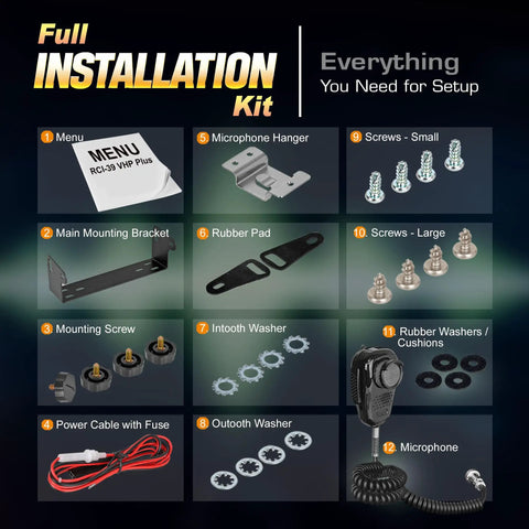 RCI-39VHP Plus 10 Meter Amateur Radio installation kit components including microphone and mounting hardware.