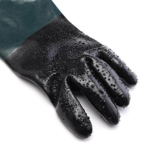 Close-up of Heavy Duty 23 Point 6 Inch Rubber Sandblast Cabinet Gloves showing water-resistant black fingertips and textured grip.