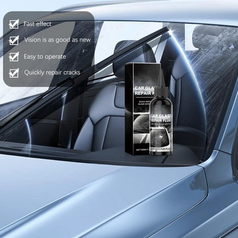 Image of a Two Piece Windshield Crack Repair Kit With Glass Repair Resin for Cars Trucks SUVs on a vehicle dashboard