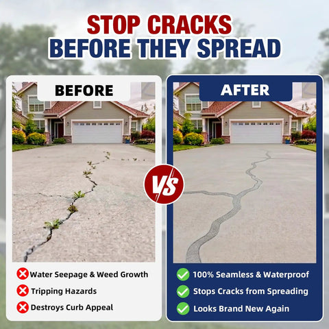 Before and after comparison of driveway using Heavy Duty Concrete Crack Filler Self Leveling Cement Sealant Gray Caulk.