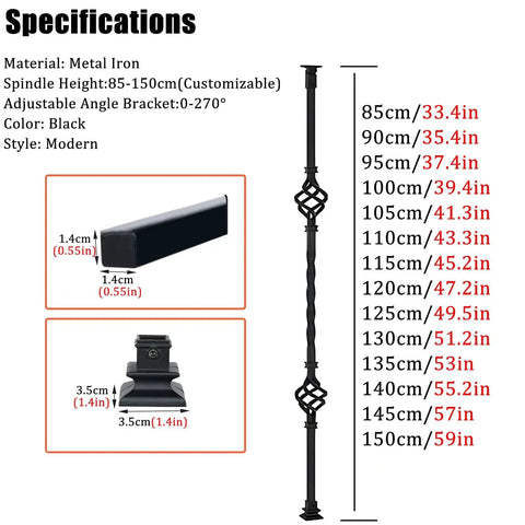 Heavy Duty Metal Staircase Balusters 6 Pack Adjustable Angle Railing Spindles for Deck and Porch, black metal specifications