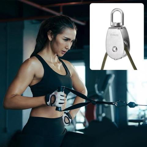 Woman using exercise equipment with inset of 2 Pack M15 Double Pulley Block Stainless Steel Swivel Rigging Lifting Wheel.