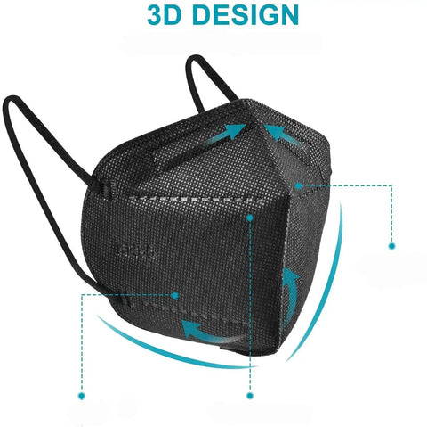 Black Five Layer KN95 Face Mask Cup Design For Dust Protection Breathable And Comfy With Elastic Ear Loops Filtration Over 95 Percent