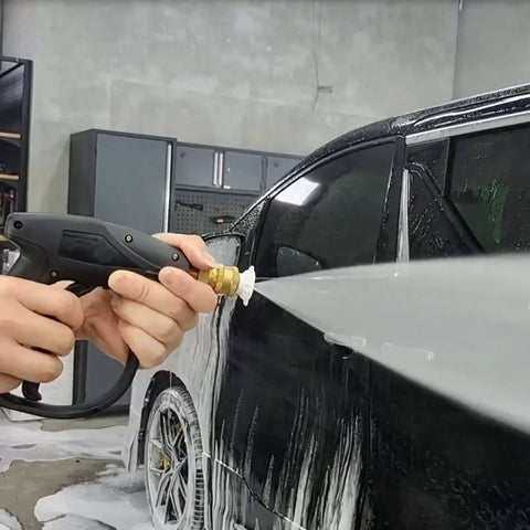 Compact Pressure Washer Gun With Foam Cannon For Cars, High Pressure Snow Foam Lance in use on vehicle, 3000 PSI.