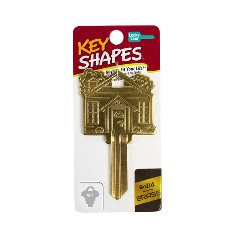 Brass House Key with ADA Friendly Large Head for Easy Grip, engraved home design, germ resistant brass, durable build, packaging view.