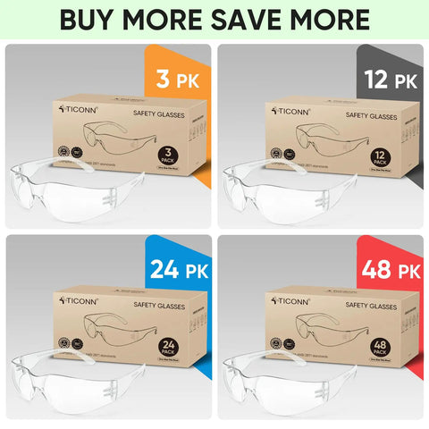 Heavy Duty 3 Pack Clear Safety Glasses With Scratch Resistant Polycarbonate Lens in display boxes; 3, 12, 24, and 48 packs.