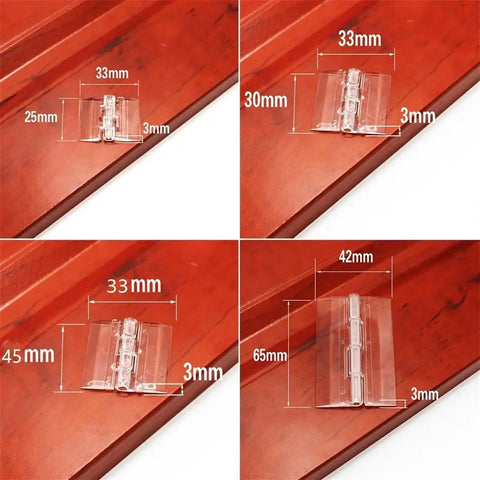 Two Pack Clear Plastic Folding Hinge For Doors And Cabinets with measurements on wooden surface