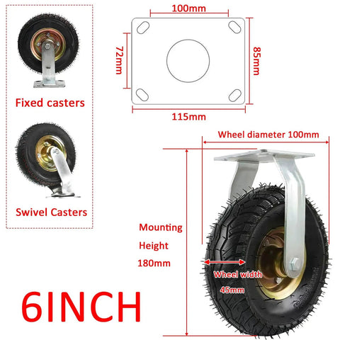Heavy Duty Swivel Casters With Thick Rubber Pneumatic Wheels 4 Pack, 100mm diameter wheel, mounted height 180mm for tool carts.
