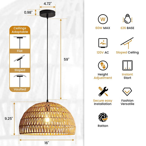 Boho Rattan Pendant Lamp With Hand Woven Wicker Rope Shade Dome Ceiling Basket Chandelier LED Industrial Hanging Light features.