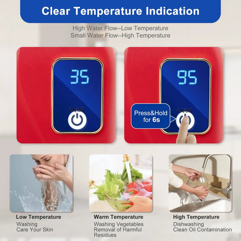 Clear indication of temperature settings on Plug And Play Under Sink Tankless Water Heater 3000W 110V Instant Hot Water Unit.