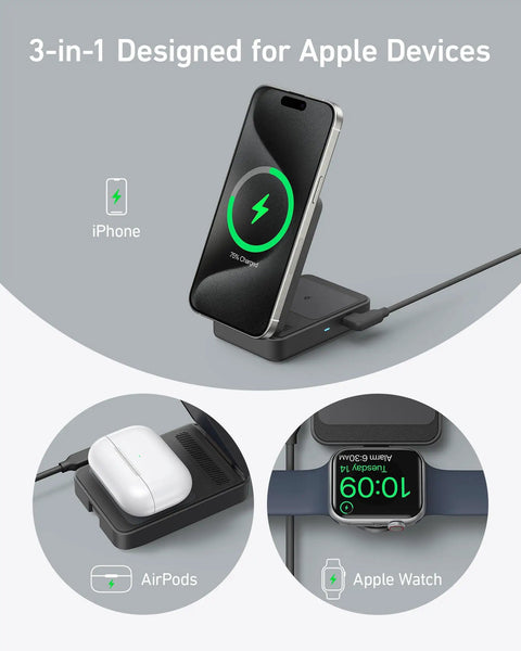 MagGo 3-In-1 IPhone Charging Station With MagSafe Wireless Stand, Qi2 15W Fast Charging For IPhone 17 16 15 14 13 12, AirPods, And Apple Watch Ultra, Adapter Included showing charging setup.