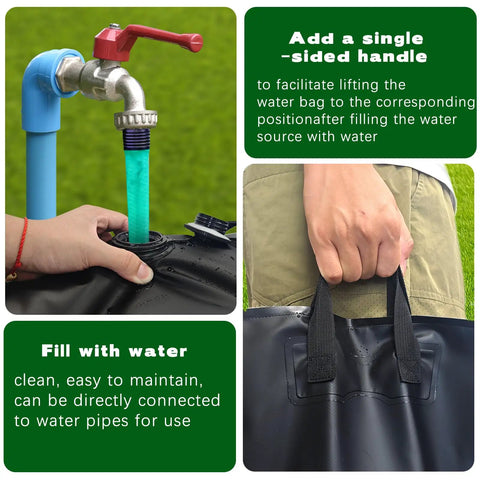 Heavy Duty Umbrella Base Weights Set Of 4 Fillable Water Bags being filled at faucet with handle shown