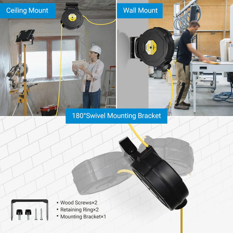 Diagram showing 45Ft Retractable Extension Cord Reel With Auto Retract And Lighted Triple Outlets mounted on wall and ceiling.