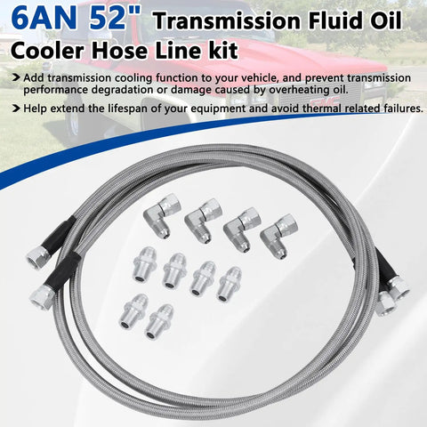6AN 52 Inch Transmission Cooler Hose Line Kit with stainless steel braided PTFE lines, connectors, and elbows for GM Chevy Ford GMC Buick Cadillac