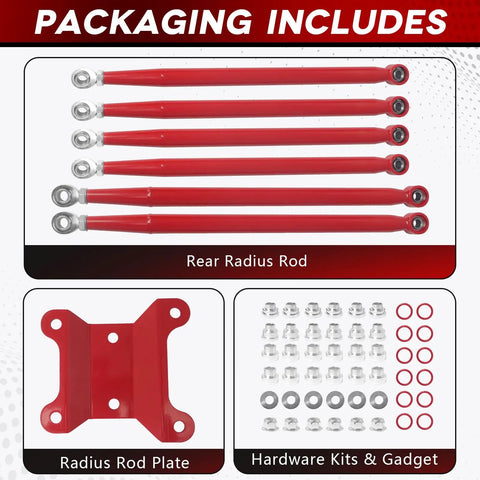 Rear Radius Rods for Maverick X3 64 Inch Body, Beefed-Up Steel With Heim Joints, Red Finish, Fits 2017-2021 X Turbo R, Turbo, MAX Turbo, MAX X DS Turbo Models, Upgraded Suspension Stability and Tire Clearance, kit parts and hardware