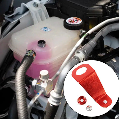 Beefed Up Radiator Stay Mount Bracket For EG 92-95 Civic, Easy Bolt-On Install In 30 Minutes, Heavy Duty Aluminum Cooling Bracket Reducing Weight And Vibration, DIY Car Upgrade displayed above a radiator system.
