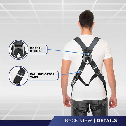 Back view of Safety Harness With 50ft Vertical Rope And Anchor Set For Roofers And Construction Pros Fall Arrest Kit, showing D-ring.