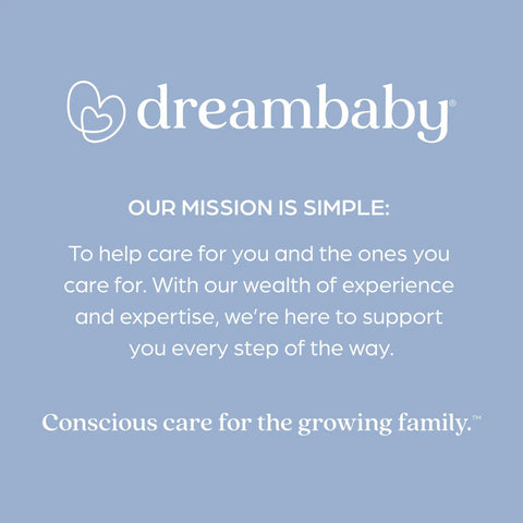 Dreambaby brand mission statement on a light blue background emphasizing care for families.