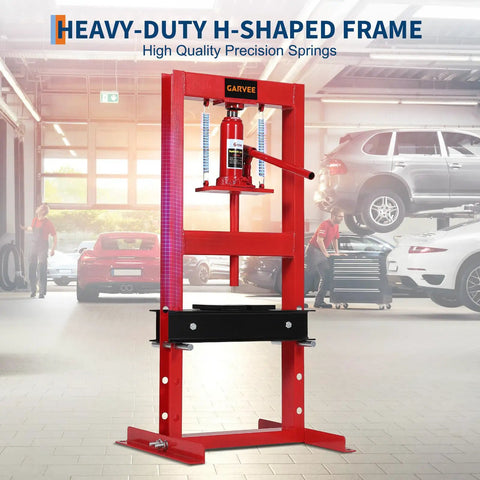 6 Ton Hydraulic H Frame Shop Floor Press For Auto Repair And Metalwork, Heavy Duty Beast, Garage Ready Beefy Build, Precise Alignment, Carbon Steel Construction, Powder Coated Finish, Industrial Grade Stability red H-frame press in auto shop