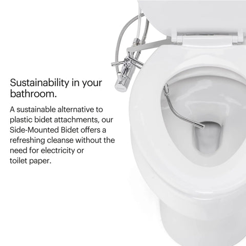 Side Mounted Manual Bidet Attachment With Adjustable Sprayer And Water Pressure, chrome finish, installed on toilet seat