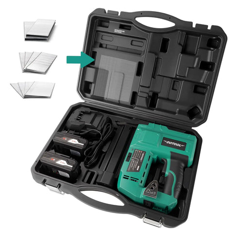 Total Game Changer 20V Cordless Brad Nailer And Electric Staple Gun Kit With 1000 Piece 18 Gauge Nails in storage case with tools and batteries.