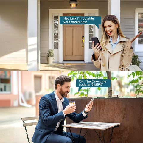 Image of a woman using her phone at the front door with Smooth Operator Smart Lock For Front Doors With Integrated Handle.