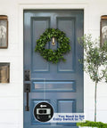 Keyless Front Door Lock Set With Rectangle Keypad Deadbolt And Brushed Nickel Handle For Easy Front Door Entry No More Keys When Your Hands Are Full Smart Lock System Silver Finish on blue door with wreath.
