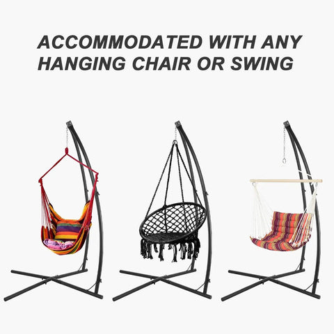 C Type Hammock Chair Stand Heavy Duty Steel Frame With Adjustable Height holding three different types of hanging chairs