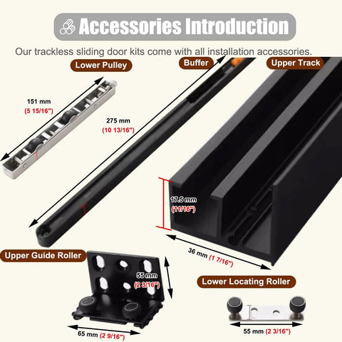 Solid Concealed Sliding Barn Door Hardware Kit components including upper track, lower pulley, and guide rollers for 24 to 60 inch doors.