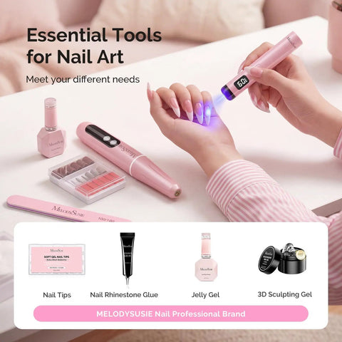 Lightweight Cordless Nail Drill With Handheld UV Lamp Beginner Gel Manicure Kit featuring nail art tools and gel products.