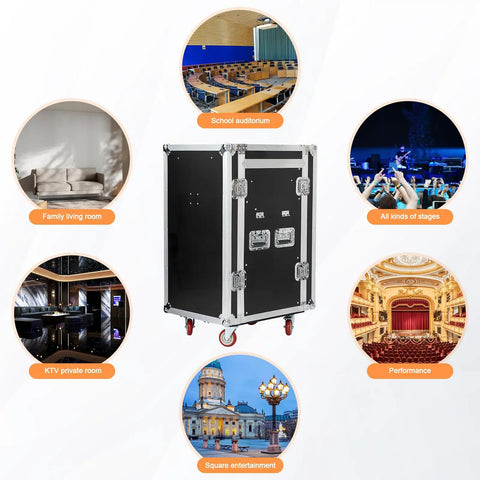 Slick Extra Heavy Duty 16U Rolling Rack Case With Six Smooth Casters And Two Folding Side Tables Great For DJ Mixers Studio Controllers Amplifiers Pro Gear Hauler, shown in various environments.