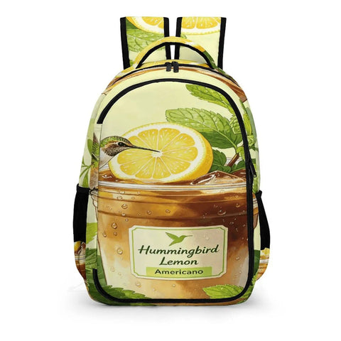 Lemon Americano Printed Unisex Backpack with lemon print, large capacity, polyester fabric, ideal for school and travel.