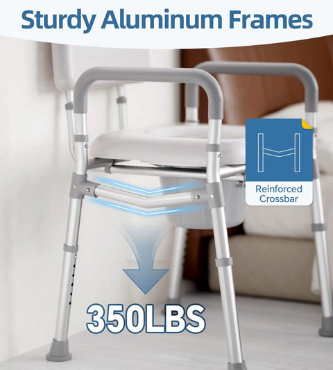 Adjustable Bedside Commode Toilet With Built Like A Tank Aluminum Frame And Heavy Duty Crossbar supports 350 lbs with sturdy construction.