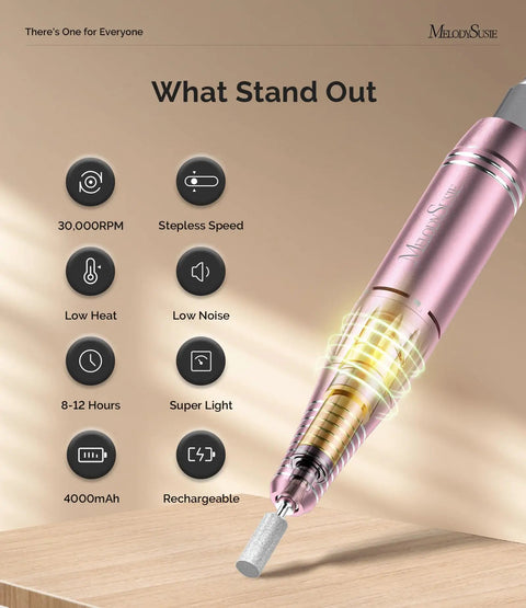 Clip On Rechargeable Nail Drill For Beginners On The Go, 30K RPM E File With LCD, pink, on wooden surface showing features