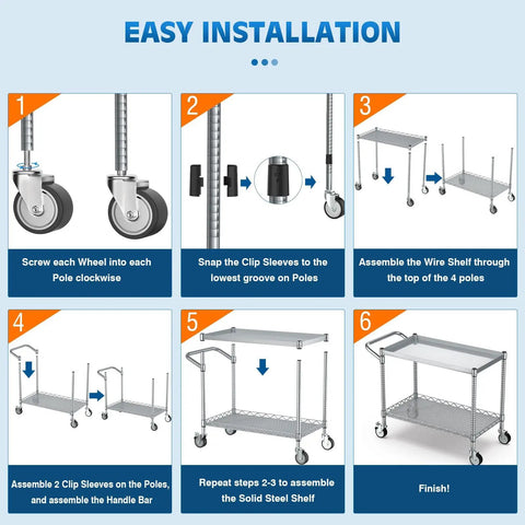 Easy installation guide for Heavy Duty 45 Inch Rolling Utility Cart With Hella Roomy Two Tier NSF Certified Steel Storage Shelf.