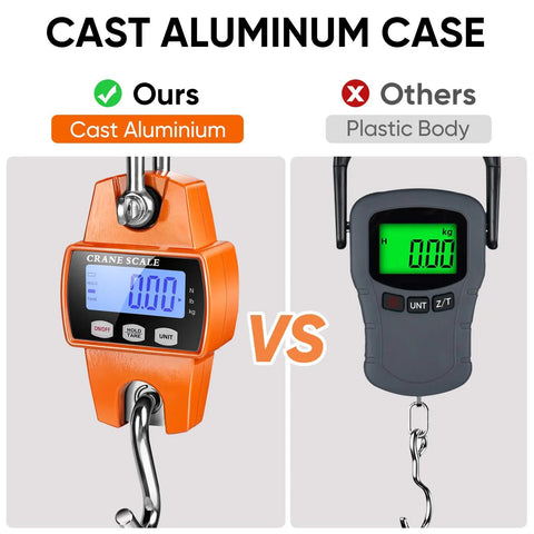 Comparison of Rock Solid Heavy Duty Digital Hanging Scale Premium Aluminum Crane Gauge vs plastic body scale.