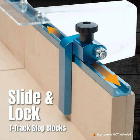 T-Track stop block system for Straight Up Heavy Duty Diy Table Saw Sled Kit, featuring adjustable slide and lock mechanism.