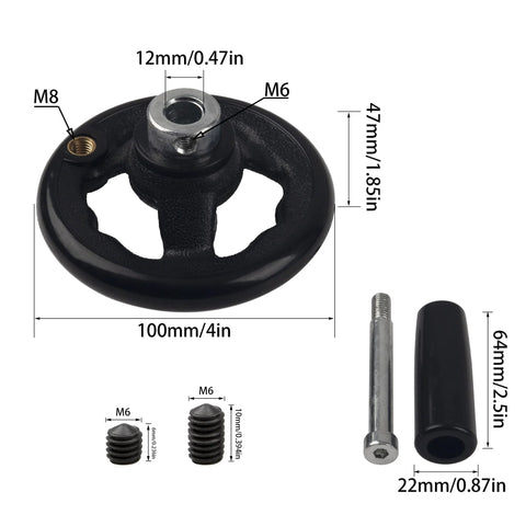 Front view of round black hand wheel, 4in diameter with 12mm bore and M6 mount, revolving knob handle.