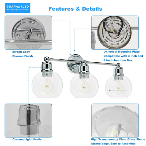 Three Light Chrome Vanity Light Fixture For Bathroom Powder Room Wall Sconce With Globe Glass Shades Modern Farmhouse Style Fits Single Or Double Vanities E26 Base Bulbs Not Included details view