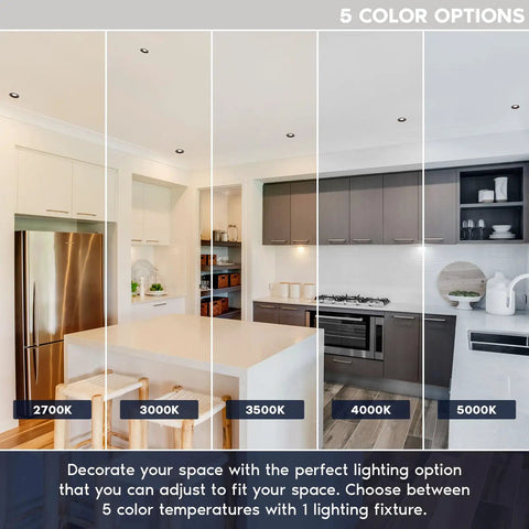 Heavy Duty 4 Inch Led Recessed Lights 12 Pack Adjustable Cct Dimmable 5000K display of color temperature options in a modern kitchen.